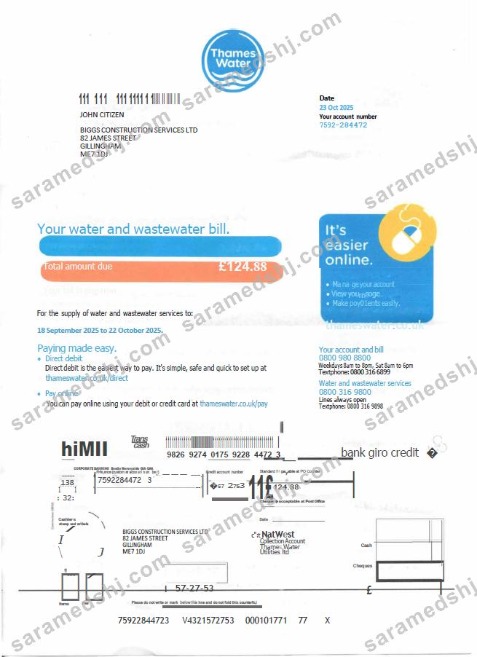 United Kingdom Thames Water utility bill template in Word and PDF formats, version 2
